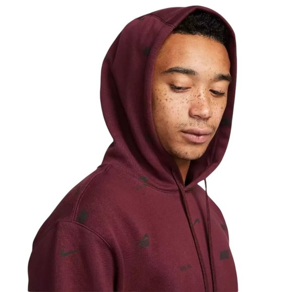 Nike Air Men's 2 PC AOP Sweatsuit Maroon Red Swoosh Logos Fleece Tracksuit Set - Picture 11 of 13
